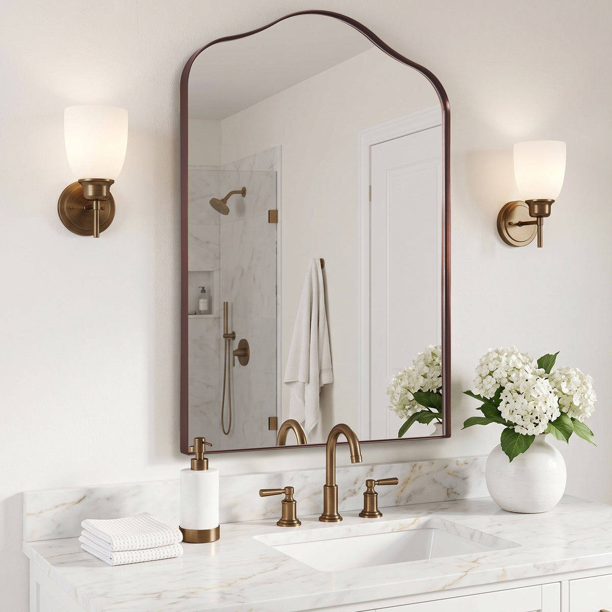 Contemporary Arched Scalloped Bathroom Vanity Mirror | Stainless Steel Frame