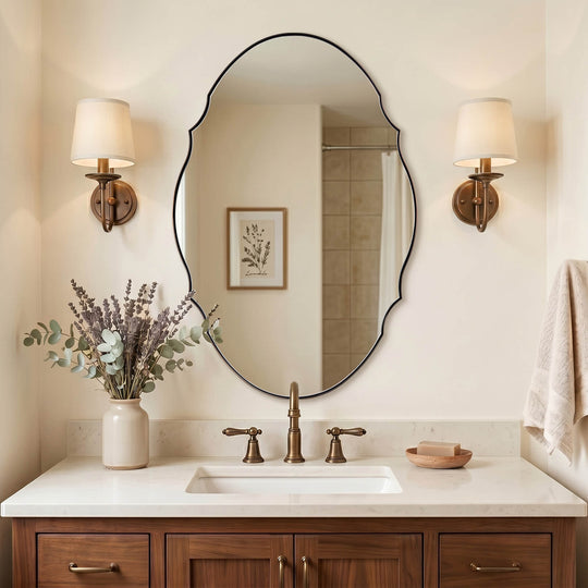 Contemporary Oval Scalloped Wall Mirror Irregular Bathroom Vanity Mirror| Stainless Steel Frame