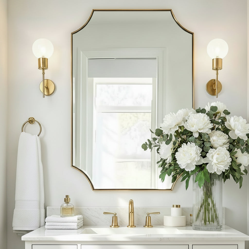 Contemporary Notched Corner Scalloped  Rectangle Bathroom Vanity Mirror | Stainless Steel Frame