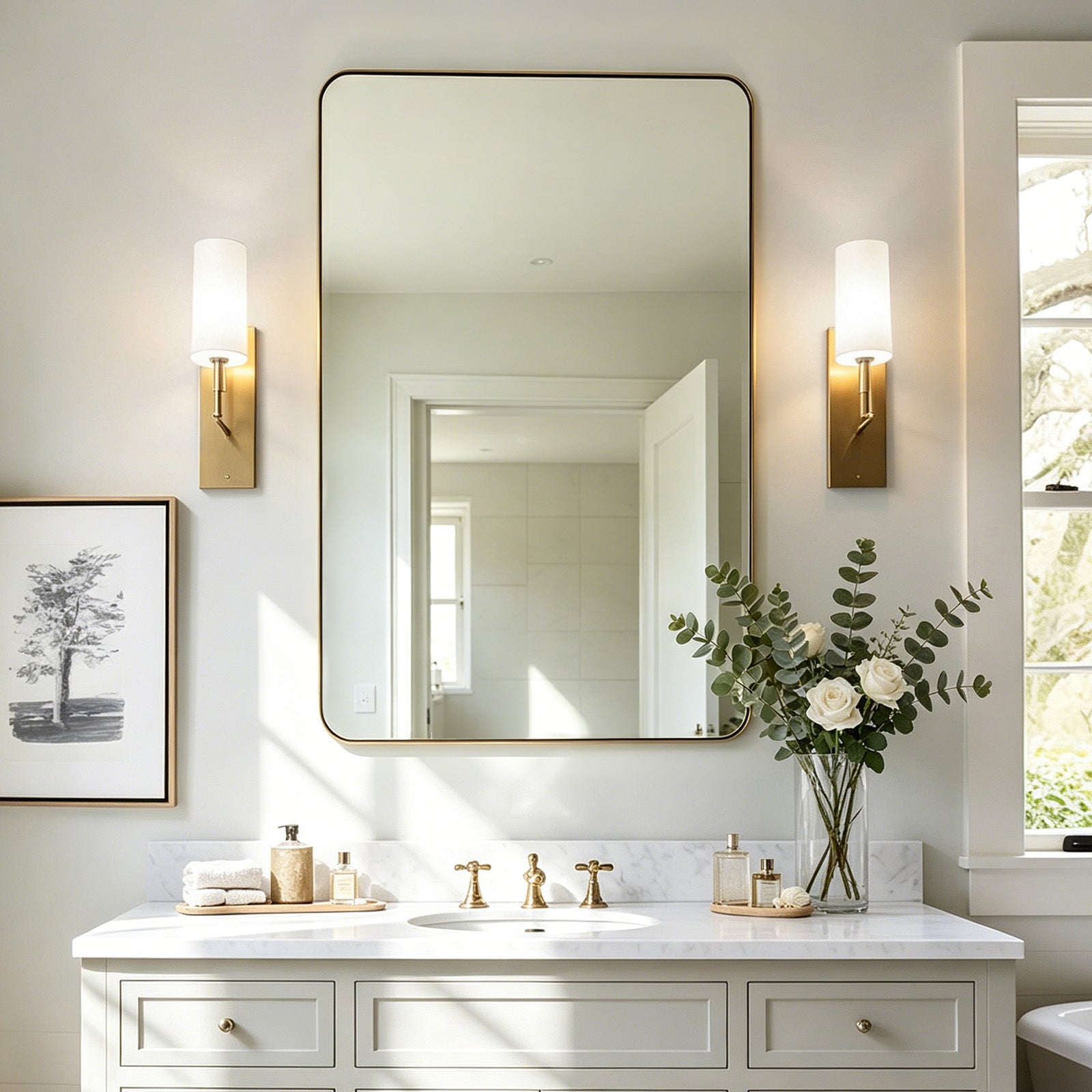Modern Rounded Rectangle Mirror for Bathroom/ Vanity/ Wall | Stainless Steel Frame