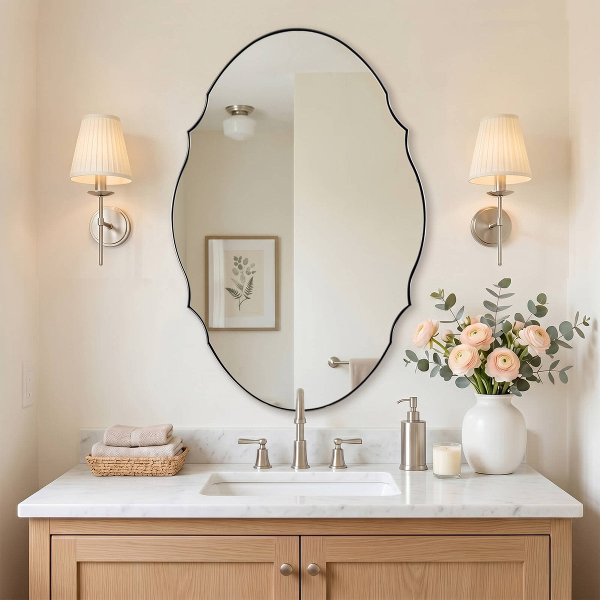 Contemporary Oval Scalloped Wall Mirror Irregular Bathroom Vanity Mirror| Stainless Steel Frame
