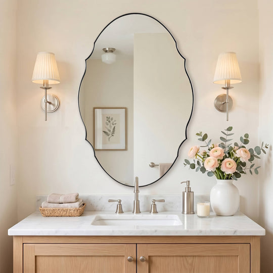 Contemporary Oval Scalloped Wall Mirror Irregular Bathroom Vanity Mirror| Stainless Steel Frame