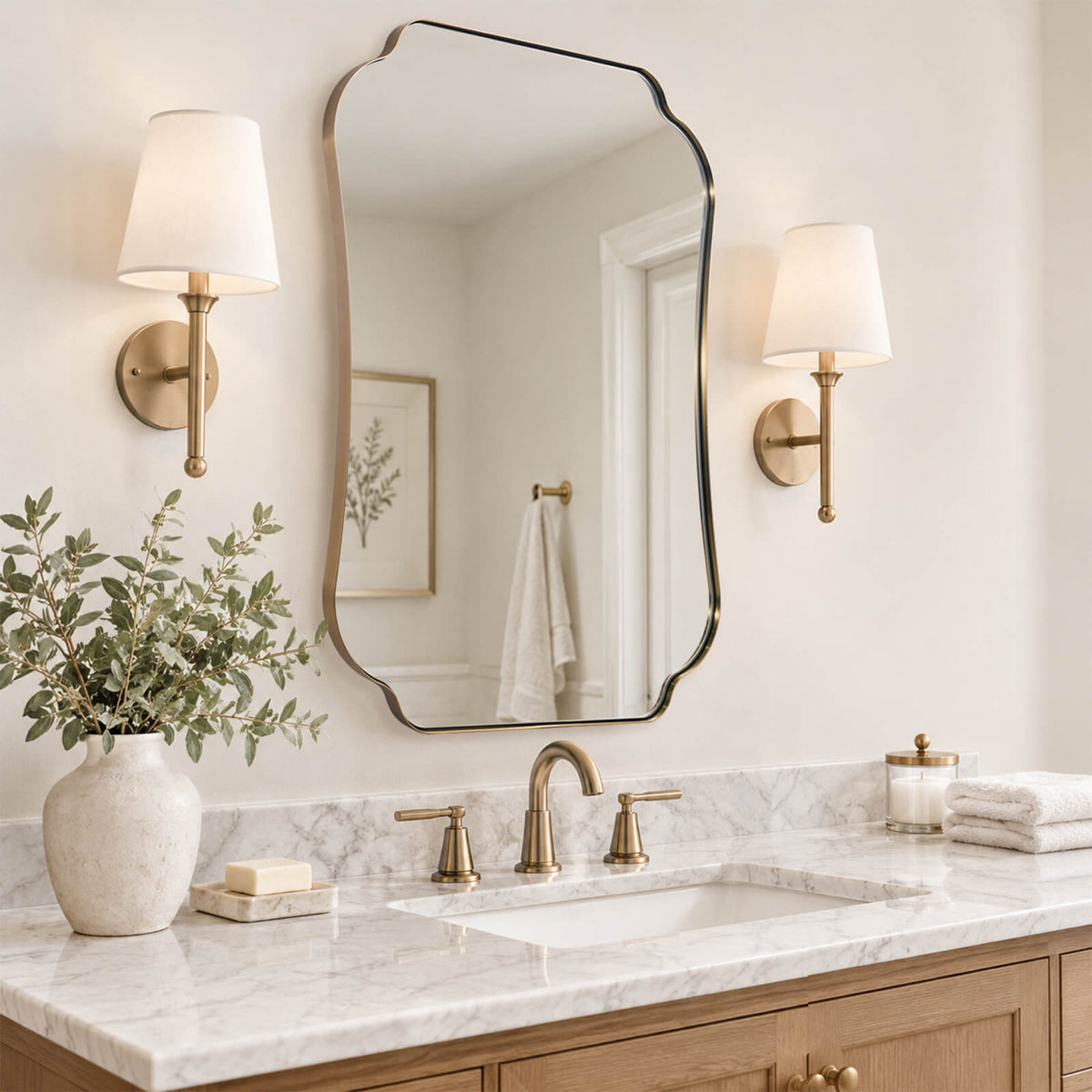 Contemporary Cut Corner Concave Edge Scalloped Bathroom Mirror | Stainless Steel Frame