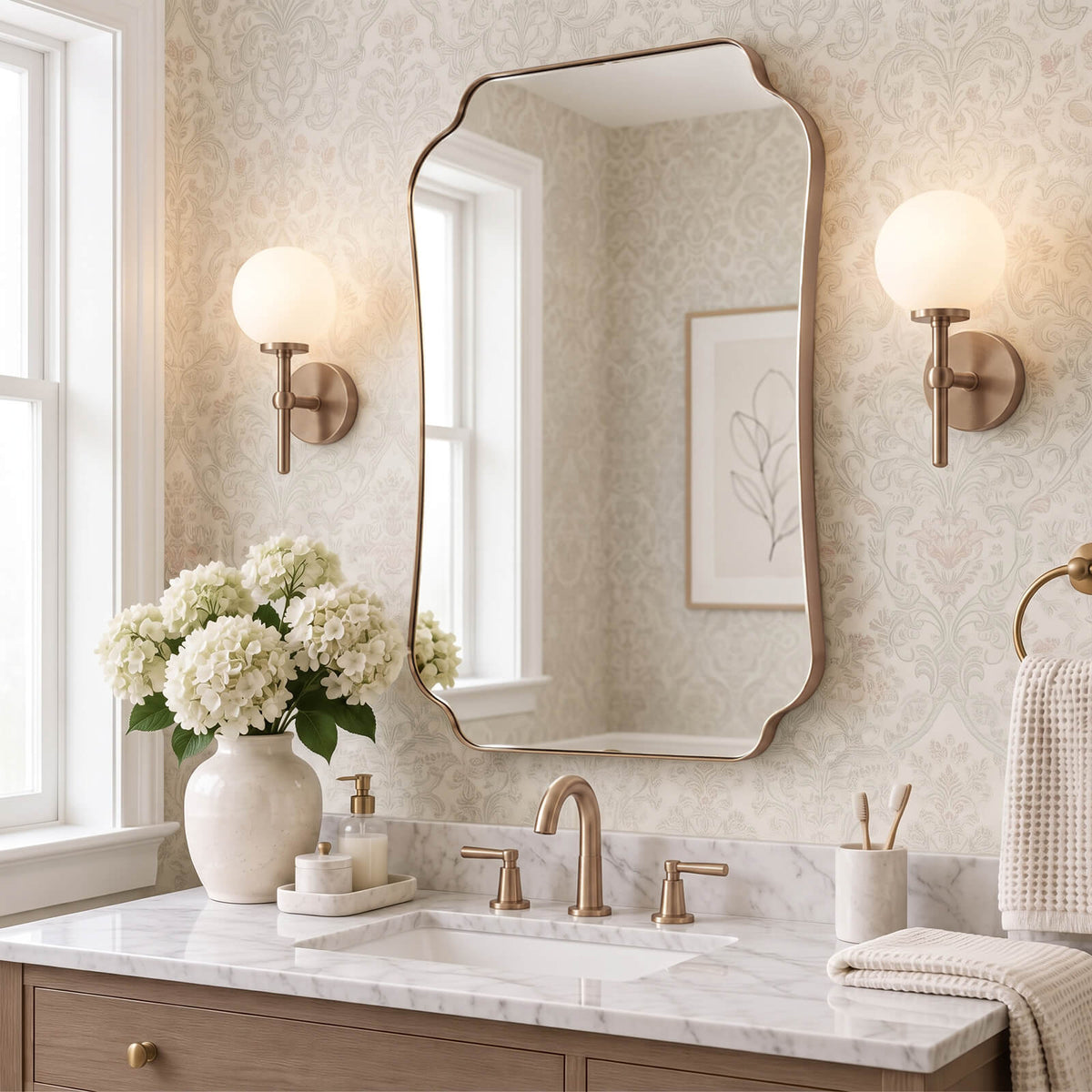 Contemporary Cut Corner Concave Edge Scalloped Bathroom Mirror | Stainless Steel Frame
