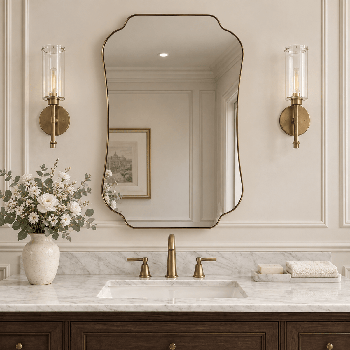 Contemporary Cut Corner Concave Edge Scalloped Bathroom Mirror | Stainless Steel Frame