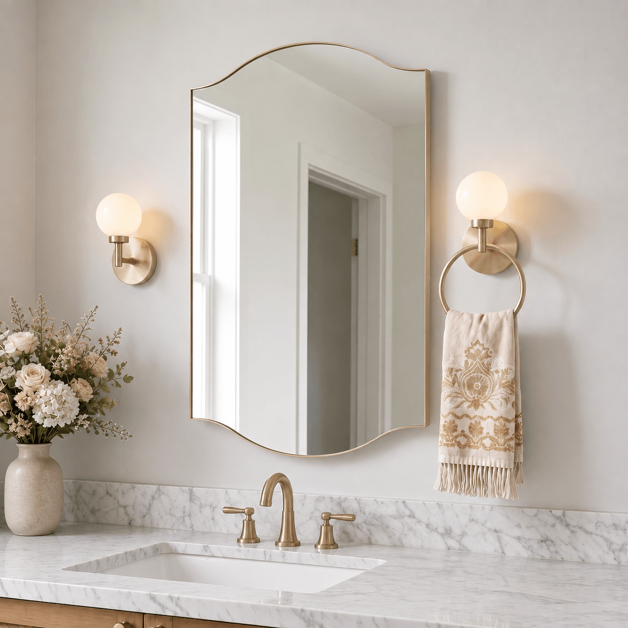 Dual Curve Arch Rectangular Scalloped  Bathroom Wall Mirror |Stainless Steel Framed