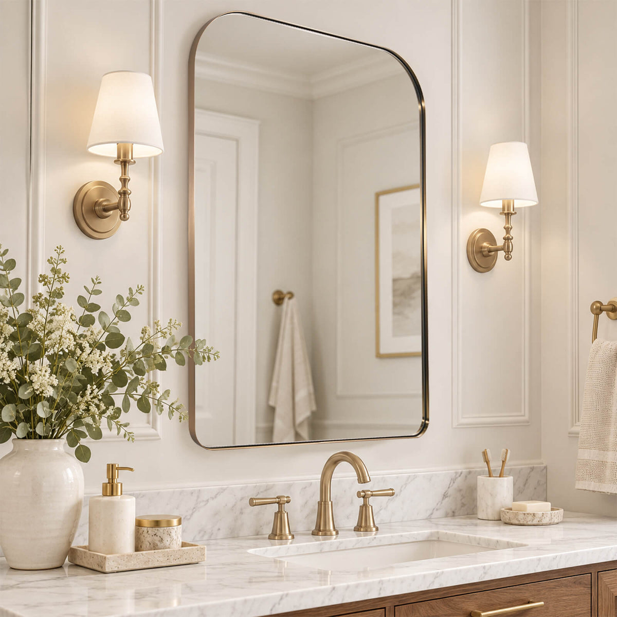 Modern Mantel Wide Arch Rectangle Bathroom Vanity  Mirror | Stainless Steel Frame