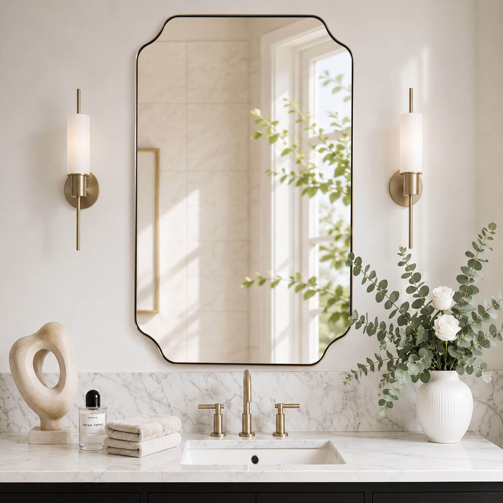 Contemporary Notched Corner Rectangle Scalloped Mirror for Wall /Bathroom | Stainless Steel Frame