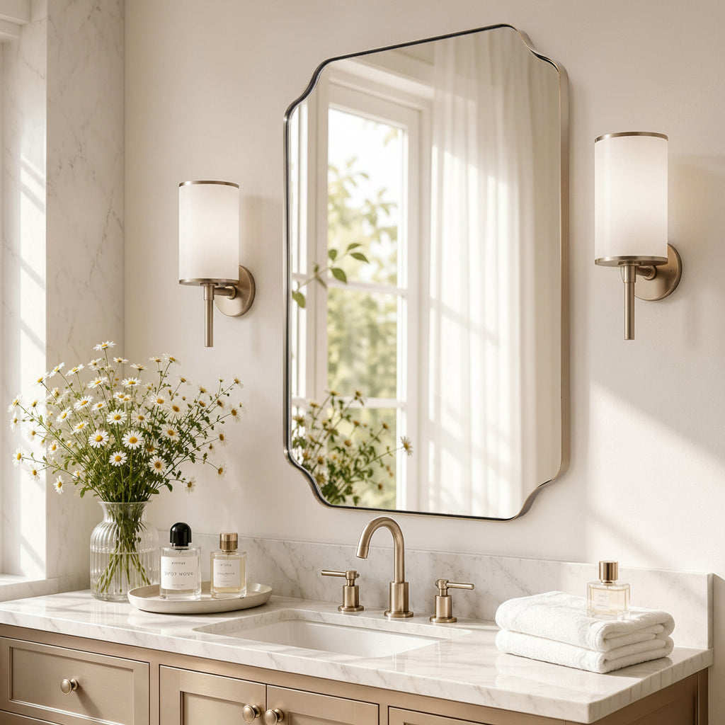 Contemporary Notched Corner Rectangle Scalloped Mirror for Wall /Bathroom | Stainless Steel Frame