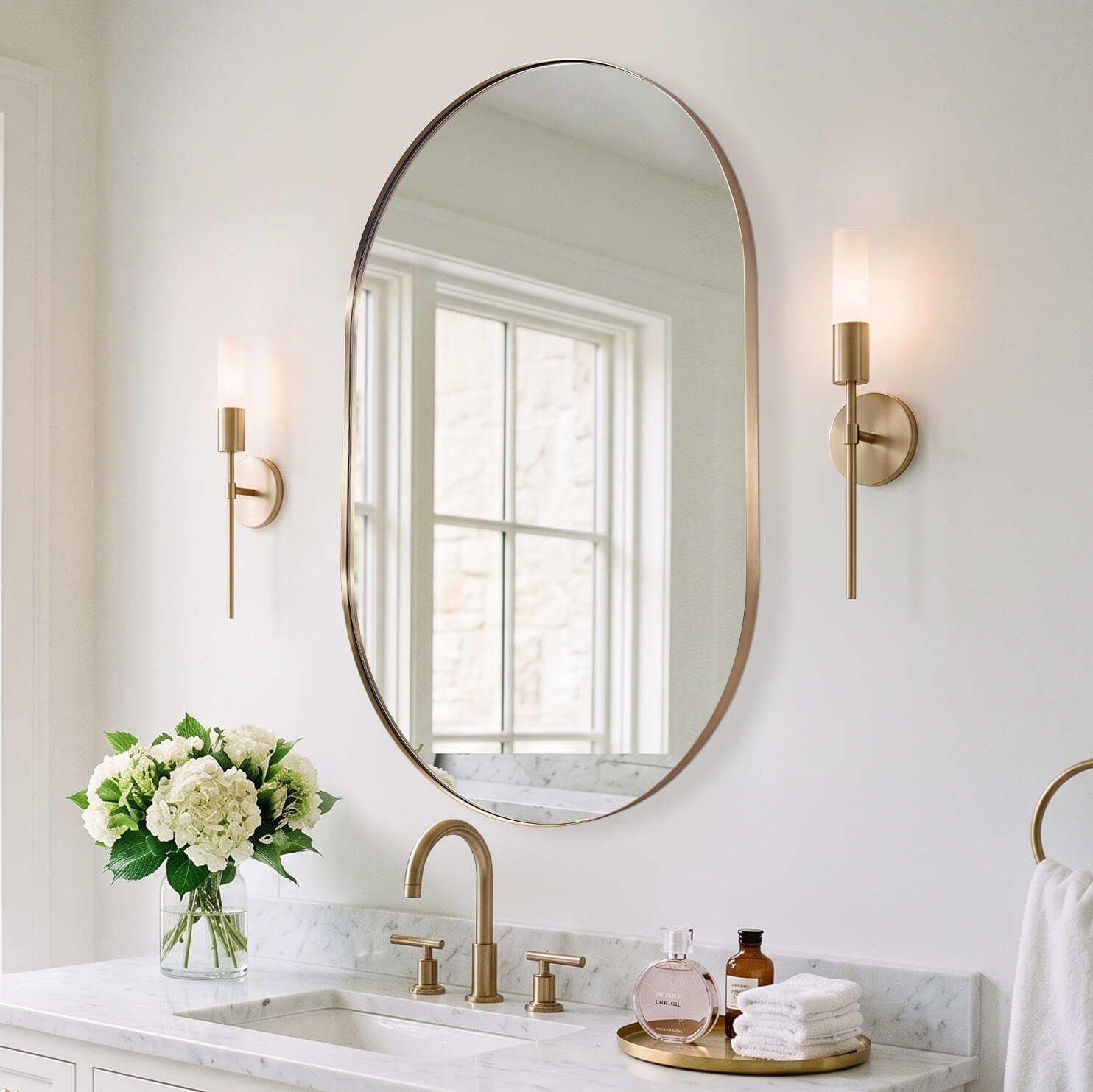 Modern Pill Shaped Capsule Wall Mirrors Long Oval Bathroom Vanity Mirror | Stainless Steel Frame