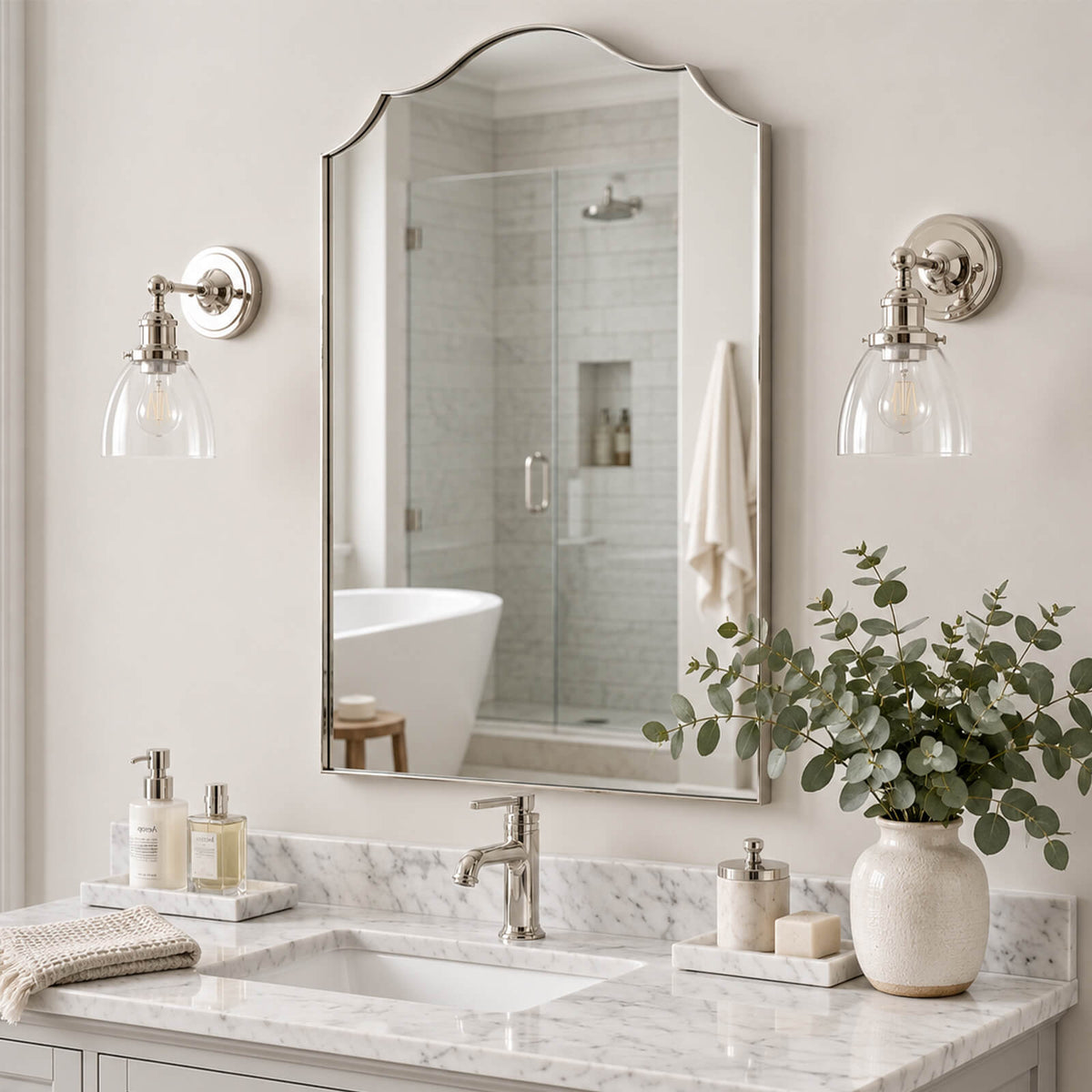 Contemporary Arched Curved Scalloped Mirror Bathroom Vanity Mirror | Stainless Steel Frame
