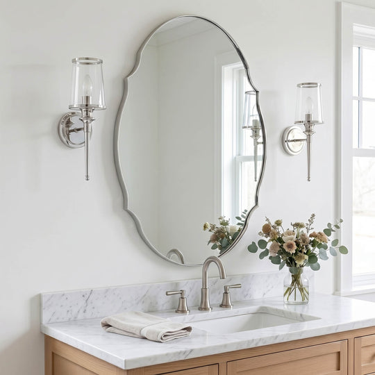 Contemporary Oval Scalloped Wall Mirror Irregular Bathroom Vanity Mirror| Stainless Steel Frame