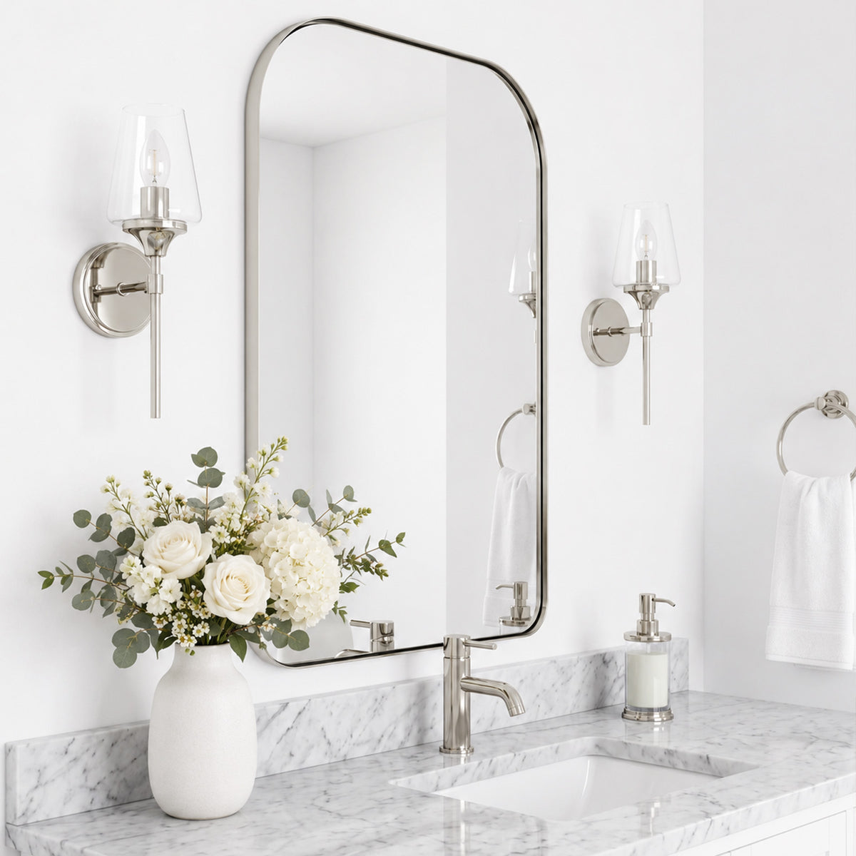 Modern Mantel Wide Arch Rectangle Bathroom Vanity  Mirror | Stainless Steel Frame