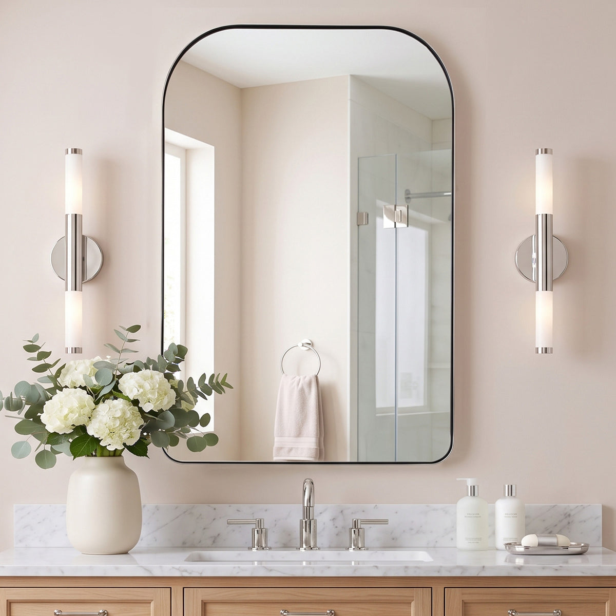 Modern Mantel Wide Arch Rectangle Bathroom Vanity  Mirror | Stainless Steel Frame