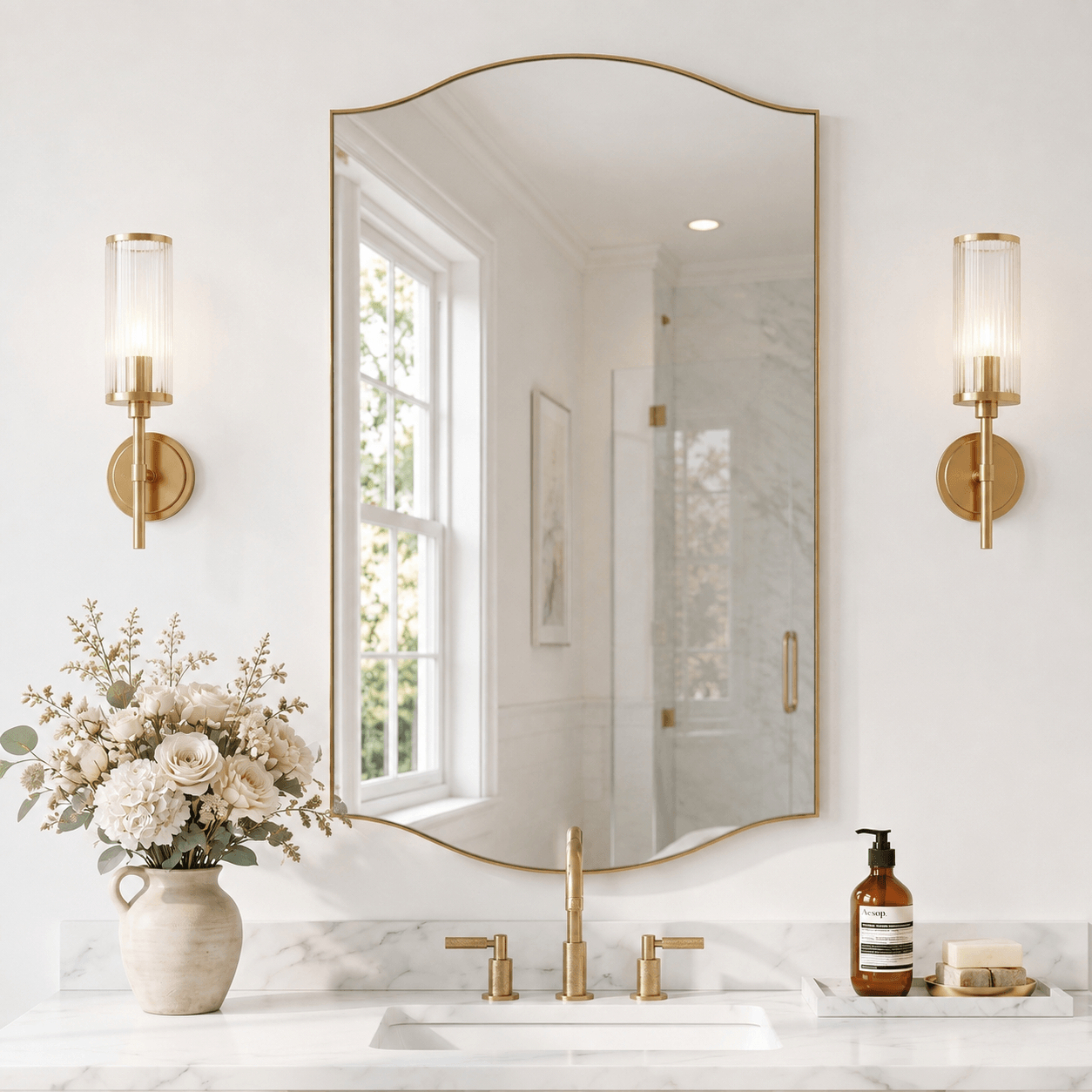 Dual Curve Arch Rectangular Scalloped  Bathroom Wall Mirror |Stainless Steel Framed