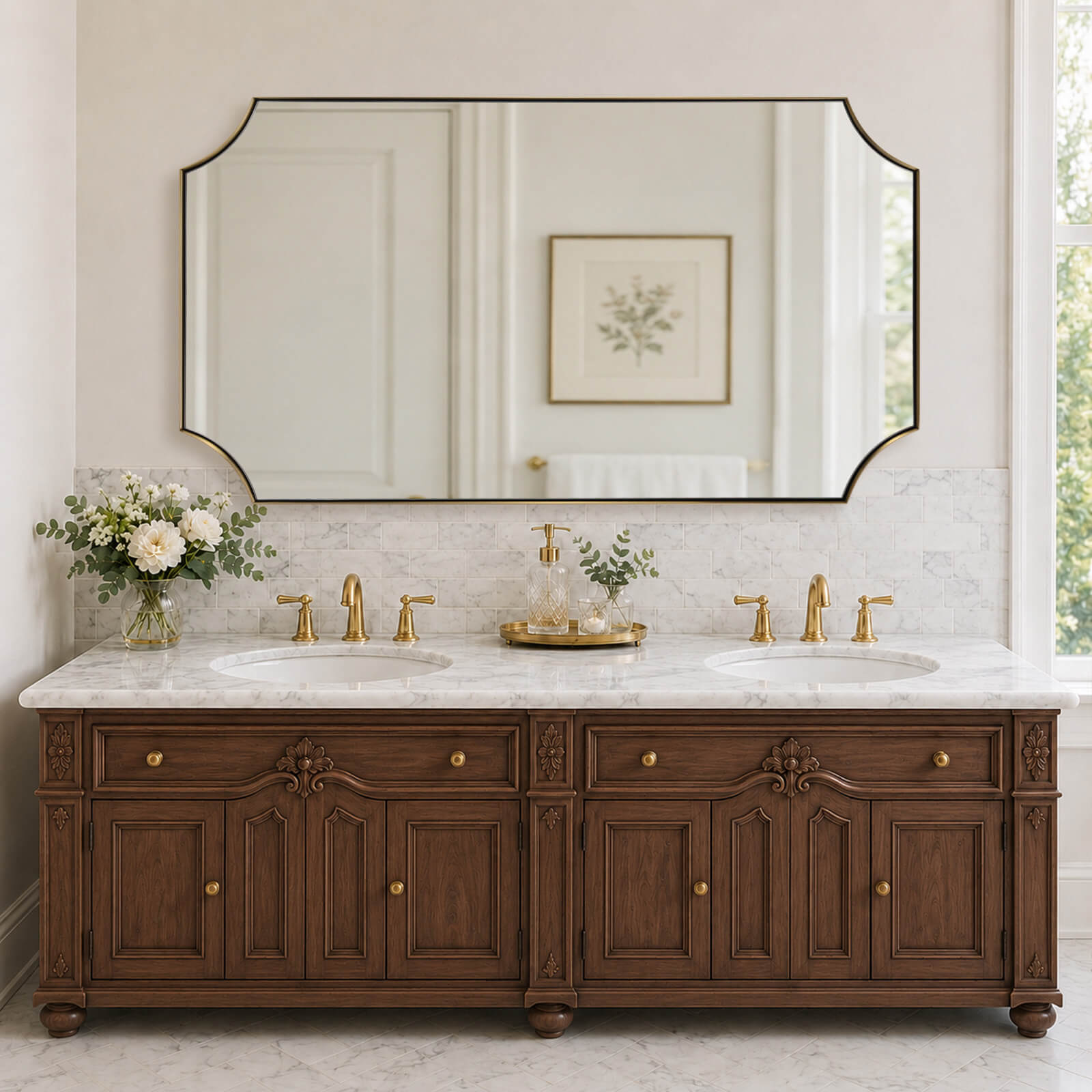 Modern Cut Corner Scalloped  Rectangle Bathroom Vanity Mirror | Stainless Steel Frame