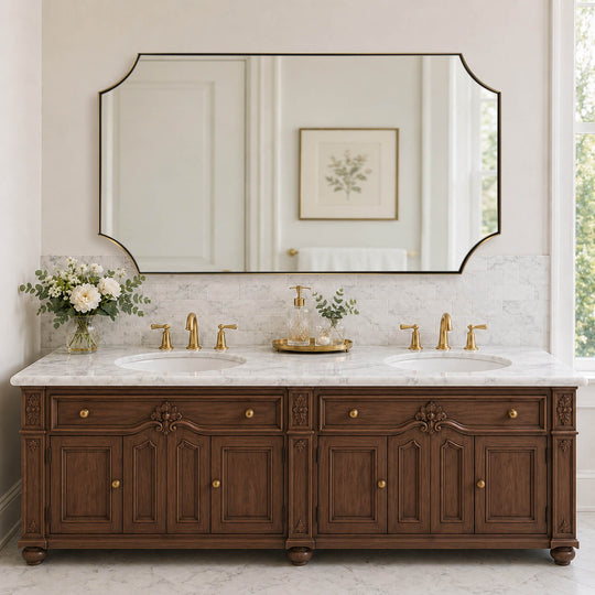 Modern Cut Corner Scalloped  Rectangle Bathroom Vanity Mirror | Stainless Steel Frame
