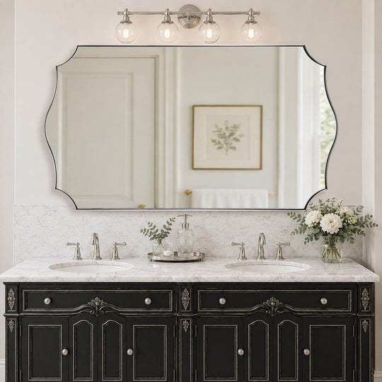 Contemporary Wavy Edge Scalloped Corner Rectangular Bathroom Vanity Mirror | Stainless Steel Frame