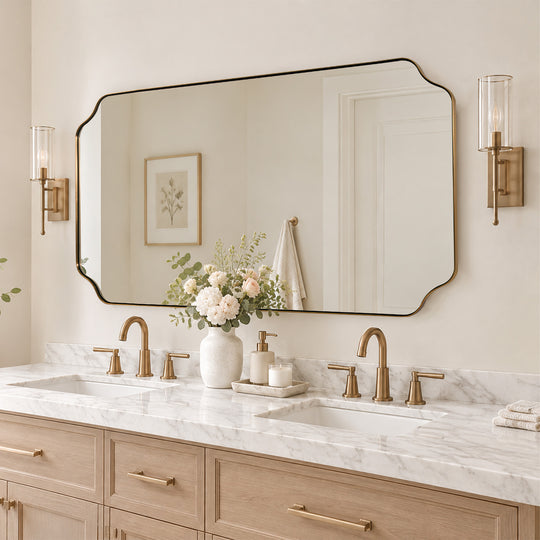 Modern Cut Corner Rectangle Scalloped Mirror for Wall /Bathroom | Stainless Steel Frame