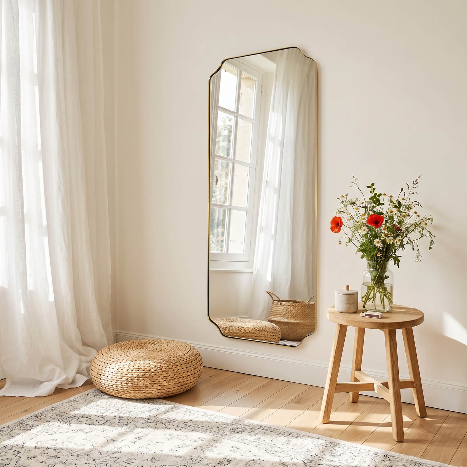Modern Cut Corner Rectangle Scalloped Mirror for Wall /Bathroom | Stainless Steel Frame