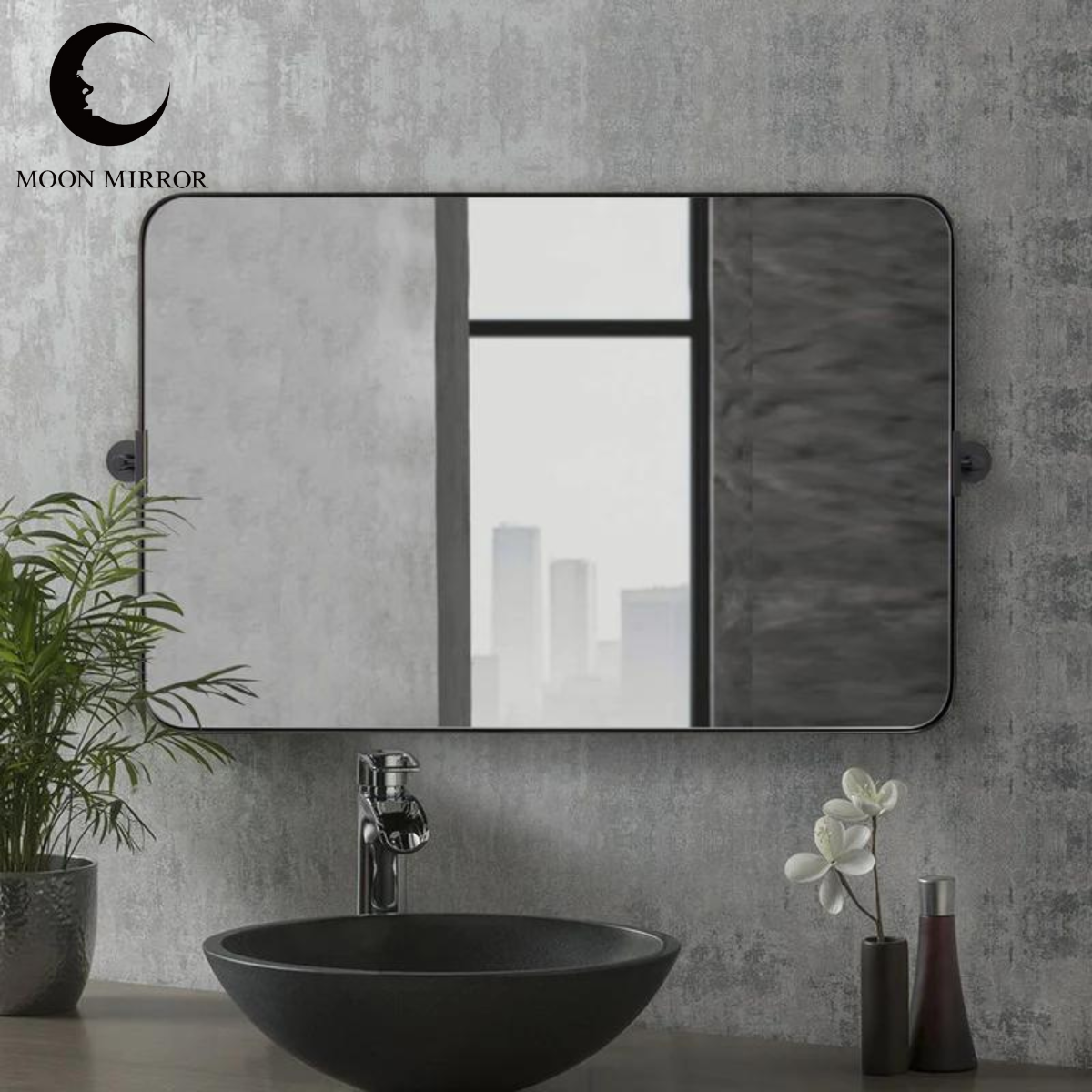 MOON MIRROR Matte Black Pivot Tilt Rectangle Bathroom/ Vanity Mirrors | Stainless Steel Frame