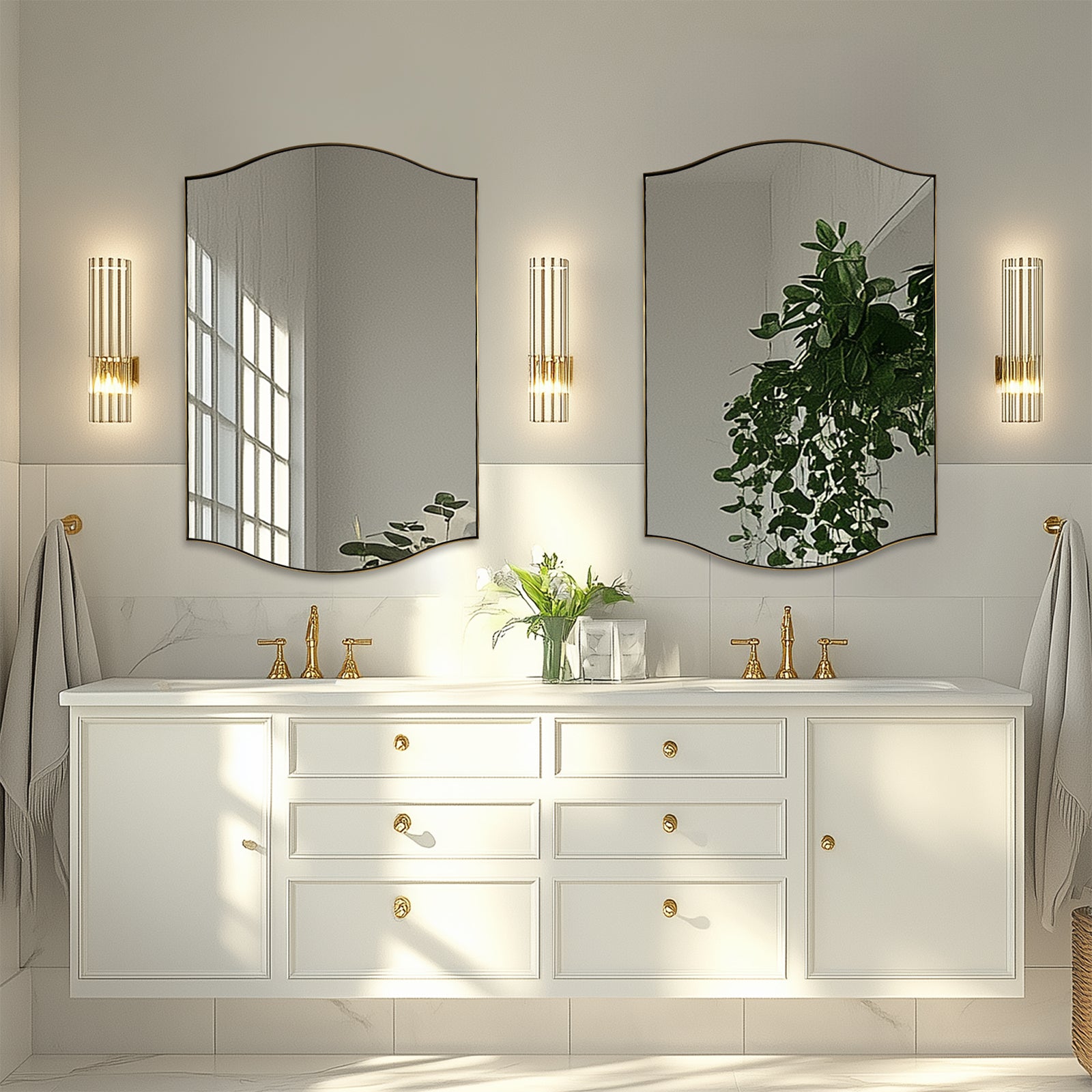 Curve Dual Arch Rectangular Scalloped  Bathroom Wall Mirror Brushed Gold |Stainless Steel Framed