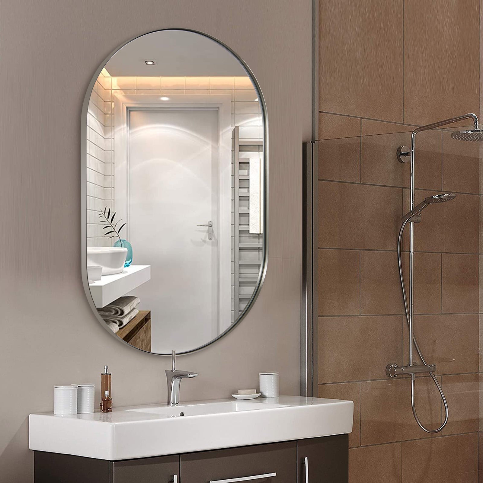 Open Box Like New : Contemporary Pill / Capsule Shaped Bathroom Wall Mirrors | Stainless Steel Framed