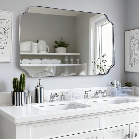 Contemporary Rounded Notched Corner Irregular Scalloped Mirror for Wall /Bathroom | Stainless Steel Frame