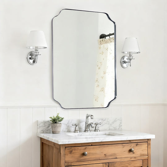 Contemporary Rounded Notched Corner Irregular Scalloped Mirror for Wall /Bathroom | Stainless Steel Frame