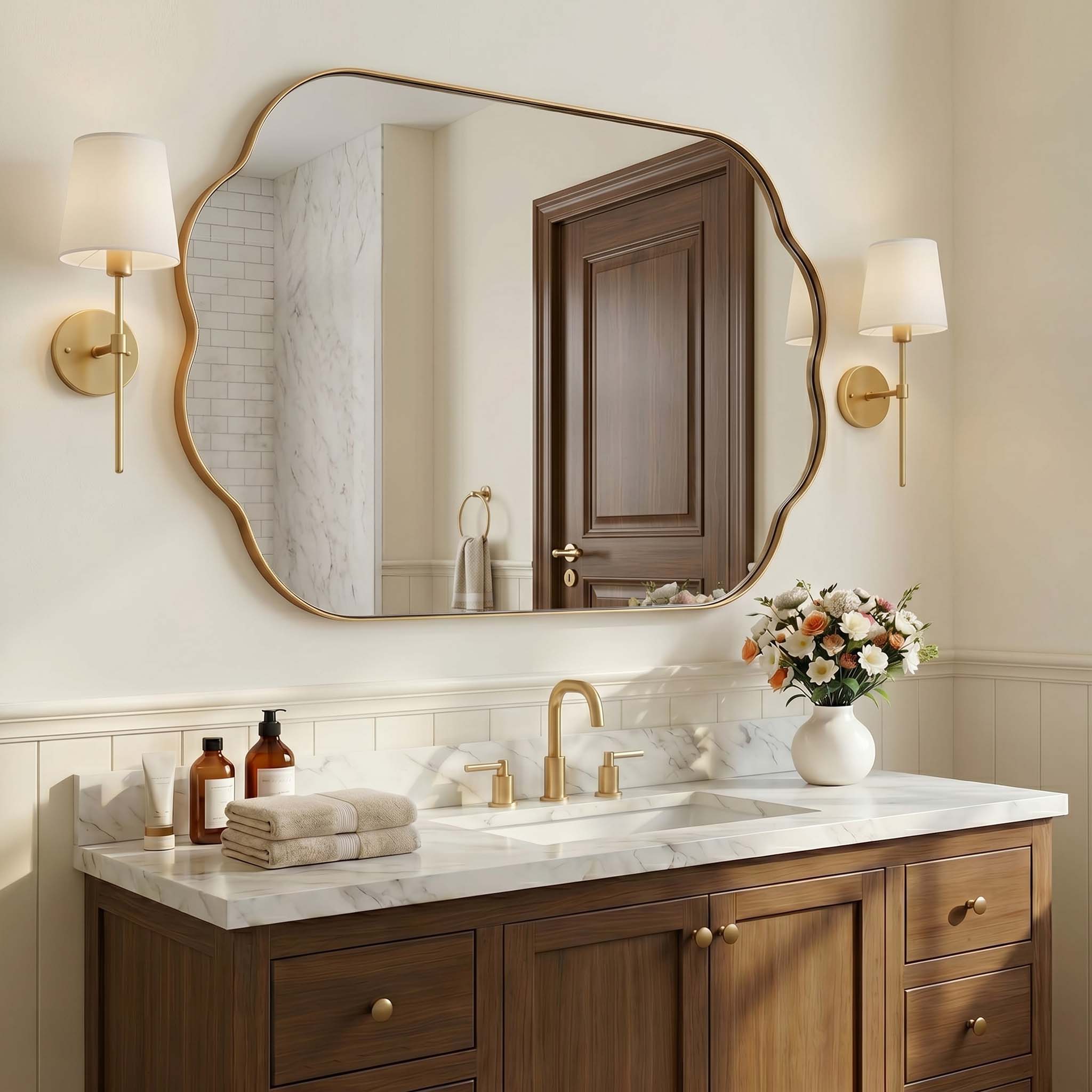 Contemporary Pill Shaped Long Oval Scalloped Bathroom Vanity Wall Mirror| Stainless Steel Framed