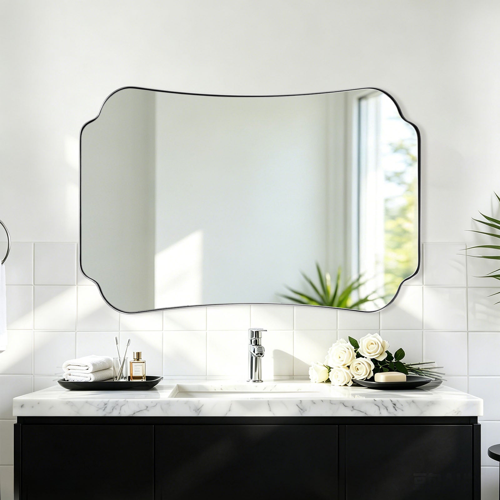 Contemporary Concave Edge Scalloped Bathroom Mirror Decorative | Stainless Steel Frame