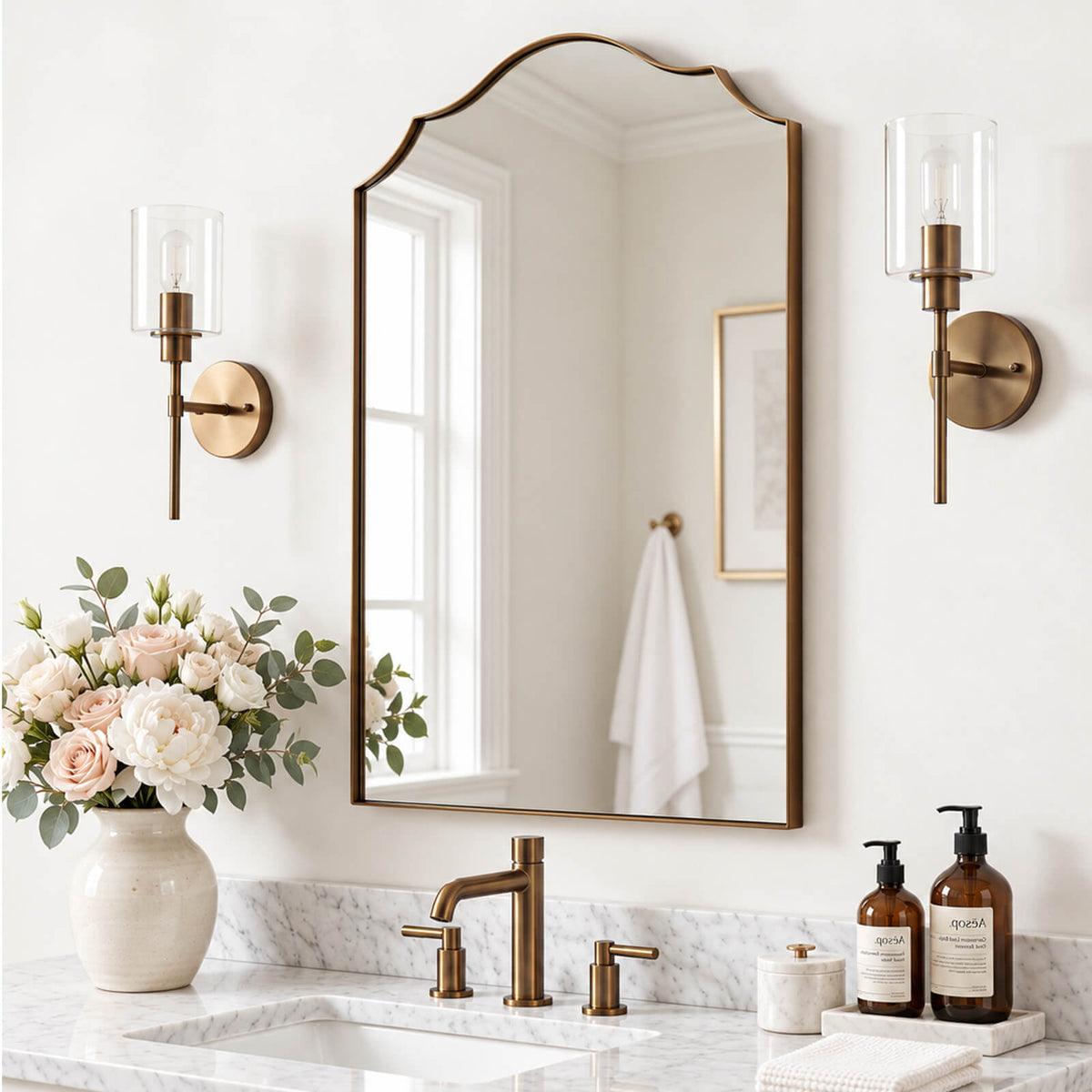Contemporary Arched Curved Scalloped Mirror Bathroom Vanity Mirror | Stainless Steel Frame