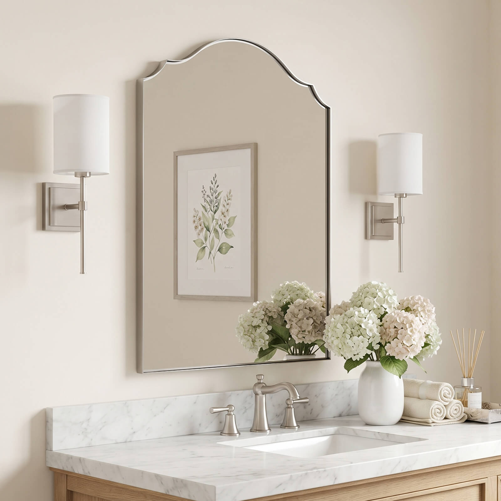 Contemporary Arched Curved Scalloped Mirror Bathroom Vanity Mirror | Stainless Steel Frame