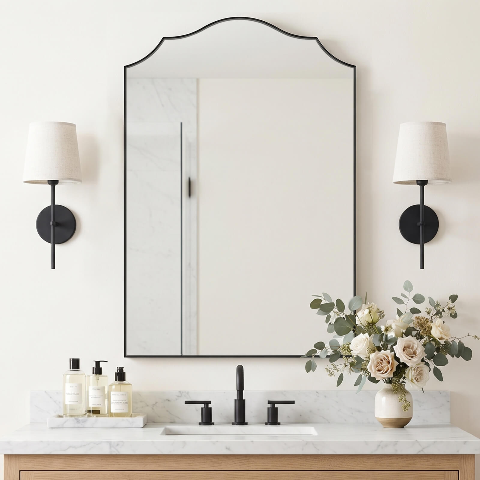 Contemporary Arched Curved Scalloped Mirror Bathroom Vanity Mirror | Stainless Steel Frame