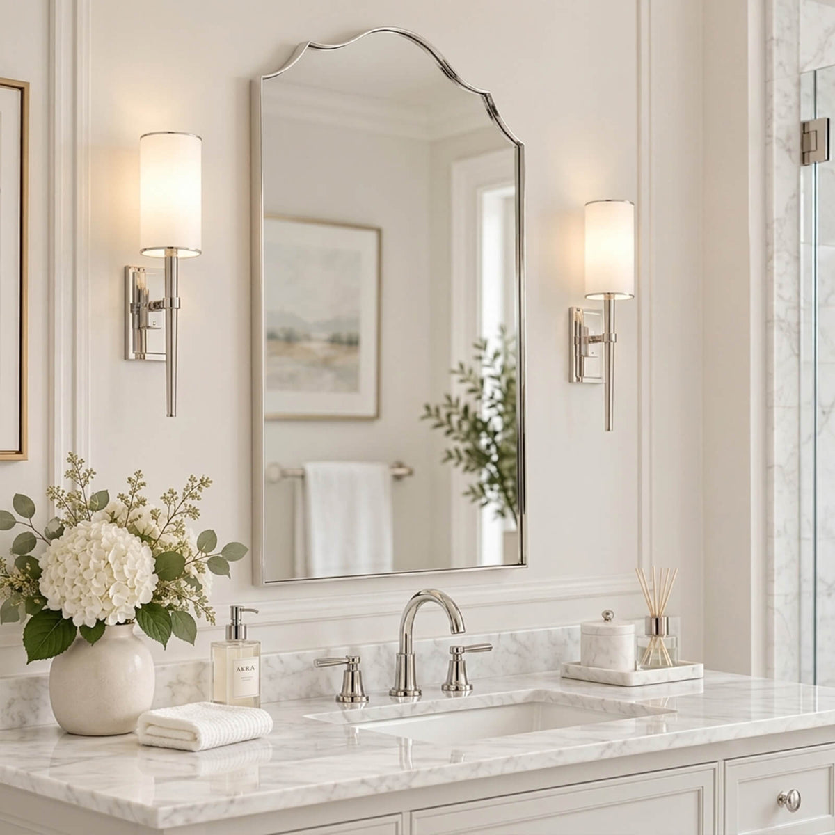 Contemporary Arched Curved Scalloped Mirror Bathroom Vanity Mirror | Stainless Steel Frame