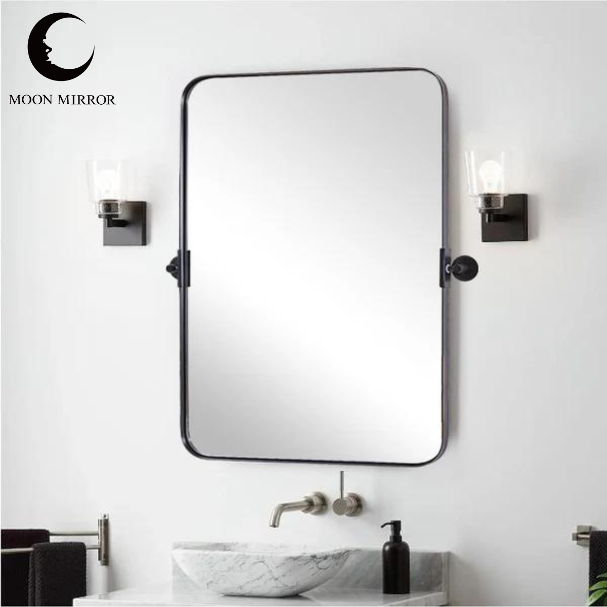 MOON MIRROR Matte Black Pivot Tilt Rectangle Bathroom/ Vanity Mirrors | Stainless Steel Frame