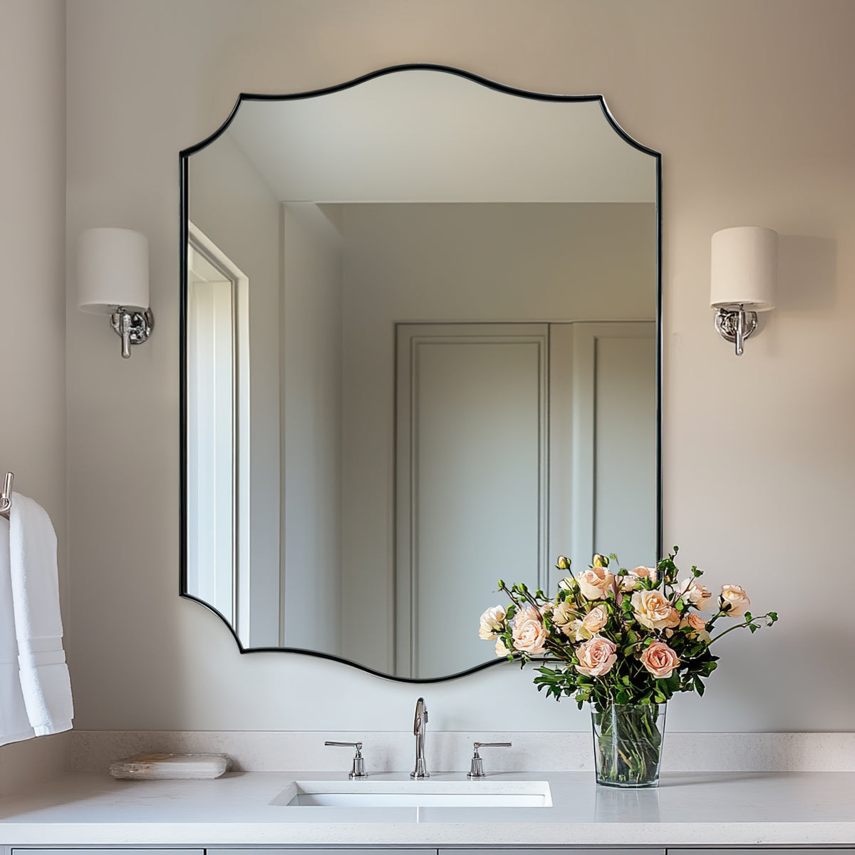 Traditional Rectangle Scalloped  Wall Mirror for Bathroom | Stainless Steel Frame