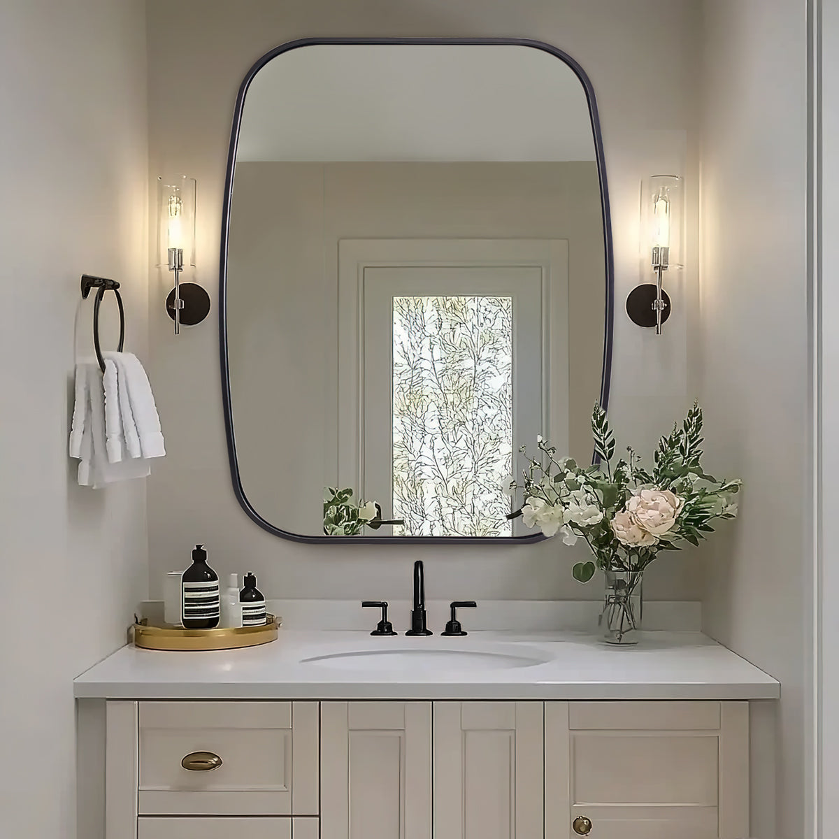 Contemporary Thick Framed Oblong Bathroom Mirror Long Oval Mirror | Stainless Steel Frame