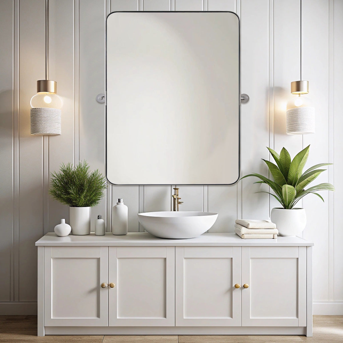 Open Box Like New: Tilting Pivot Rectangular Bathroom Mirrors | Stainless Steel Frame