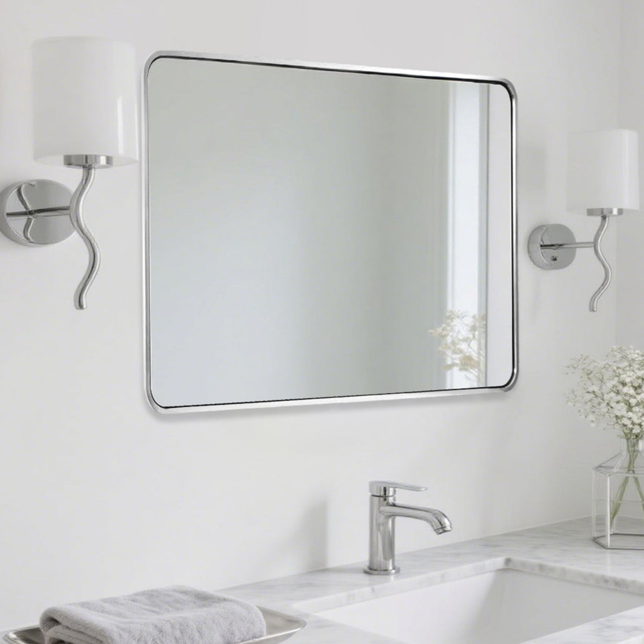 Contemporary Rounded Rectangular Bathroom Wall Mirror |Thicker Stainless Steel Framed