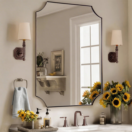 Contemporary Notched Corner Scalloped  Rectangle Bathroom Vanity Mirror | Stainless Steel Frame