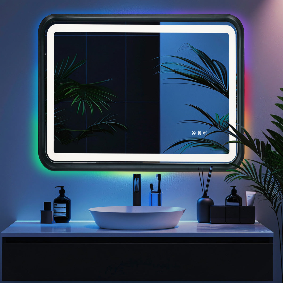 Black Framed Bathroom Mirror With Lights, Led Mirror For Dual Front & Back Lights, Defogging & Memory