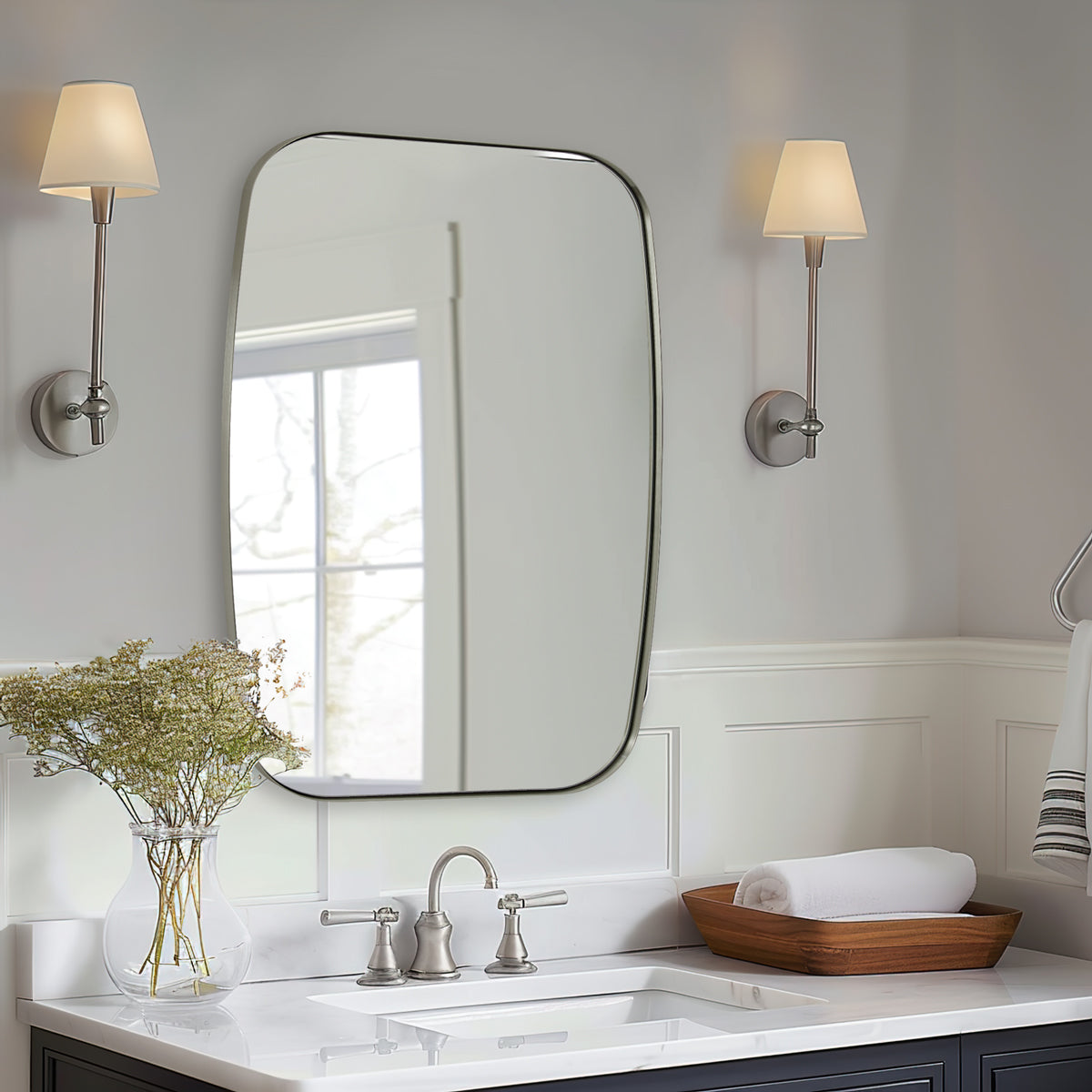 Modern Oblong Bathroom Mirror Long Oval Mirror with Stainless Steel Frame