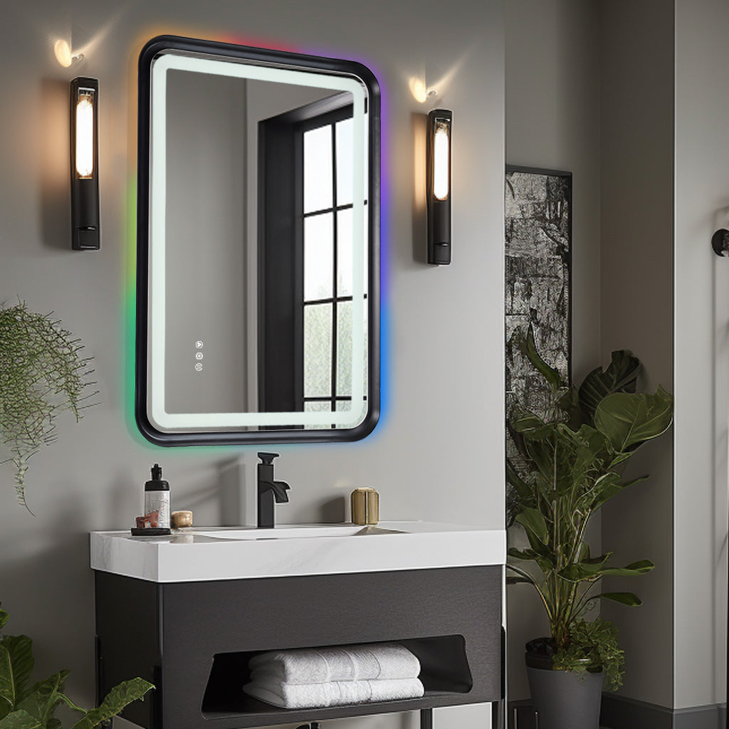 Black Framed Bathroom Mirror With Lights, Led Mirror For Dual Front & Back Lights, Defogging & Memory