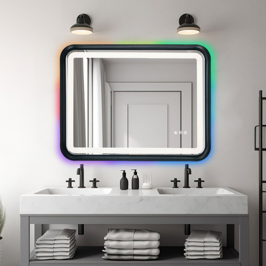 Black Framed Bathroom Mirror With Lights, Led Mirror For Dual Front & Back Lights, Defogging & Memory