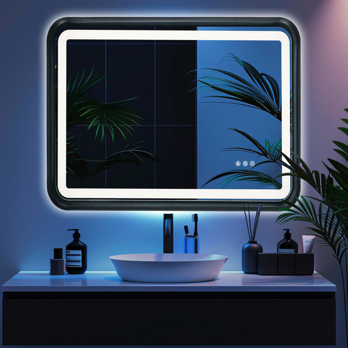 Black Framed Bathroom Mirror With Lights, Led Mirror For Dual Front & Back Lights, Defogging & Memory