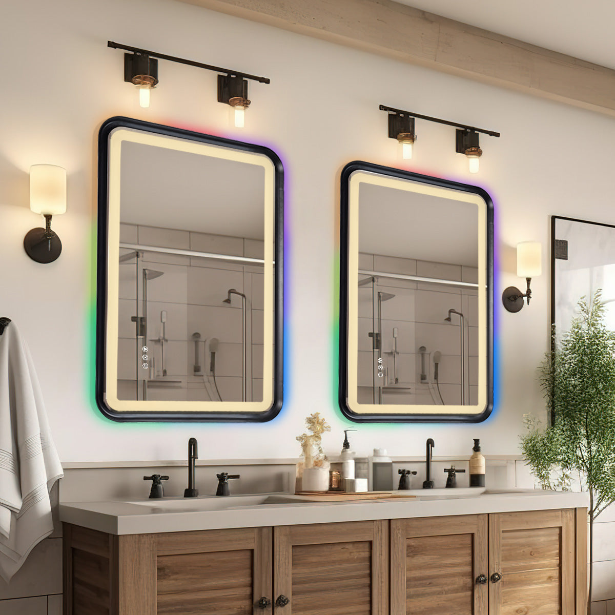 Black Framed Bathroom Mirror With Lights, Led Mirror For Dual Front & Back Lights, Defogging & Memory