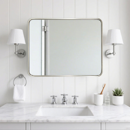 Modern Bold Stainless Steel Framed Rounded Rectangular Bathroom Wall Mirror