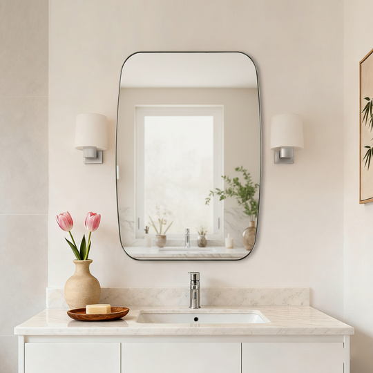 Modern Oblong Bathroom Mirror Long Oval Mirror | Stainless Steel Frame