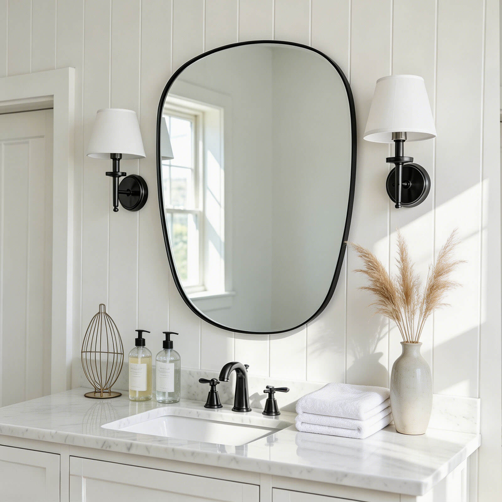 Contemporary Irregular Organic  Bathroom Wall Mirror Asymmetric Decorative Mirror | Stainless Steel Frame